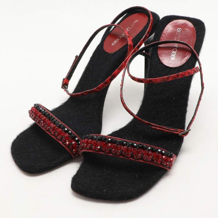 Pre Owned Sergio Rossi Red Leather and Python Ankle Strap Sandals Size 40