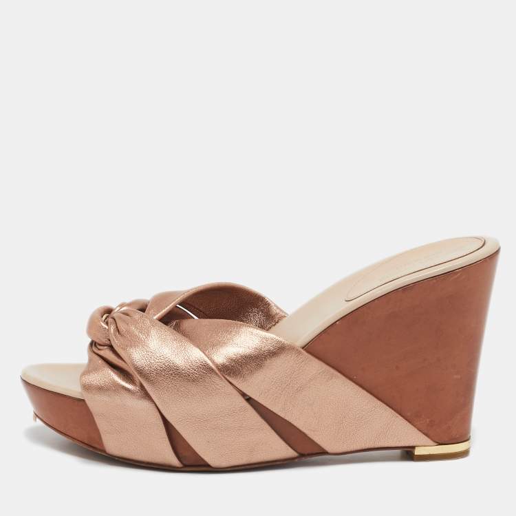 Pre Owned Sergio Rossi Rose Gold Leather Wedge Slide Sandals Size 40.5
