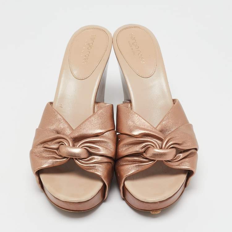 Pre Owned Sergio Rossi Rose Gold Leather Wedge Slide Sandals Size 40.5