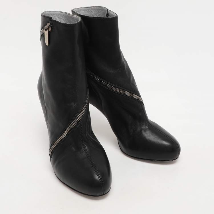 Pre Owned Sergio Rossi Black Leather Spiral Zip Ankle Heel Boots Size 40