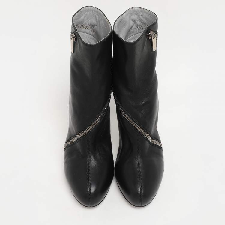 Pre Owned Sergio Rossi Black Leather Spiral Zip Ankle Heel Boots Size 40