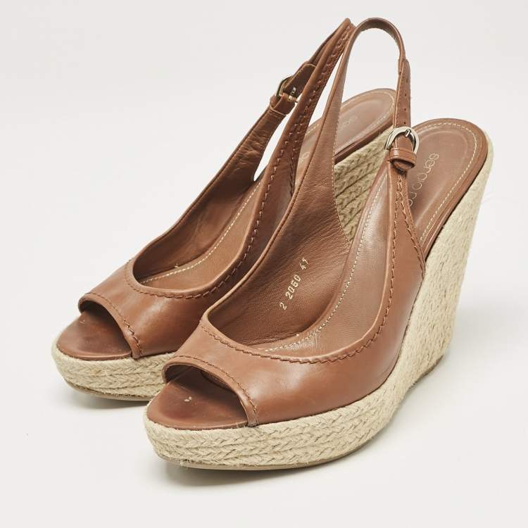 Pre Owned Sergio Rossi Brown Leather Espadrille Wedge Slingback Sandals Size 41