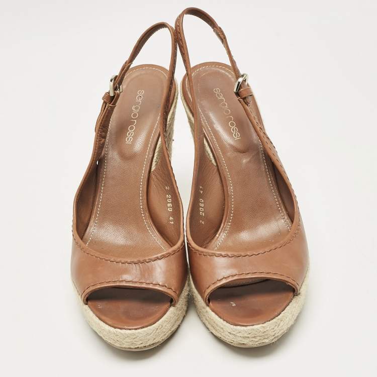 Pre Owned Sergio Rossi Brown Leather Espadrille Wedge Slingback Sandals Size 41