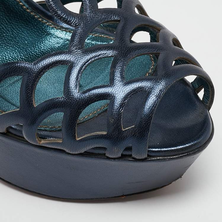 Pre Owned Sergio Rossi Metallic Blue/Green Cut Out Leather Platform Sandals Size 35