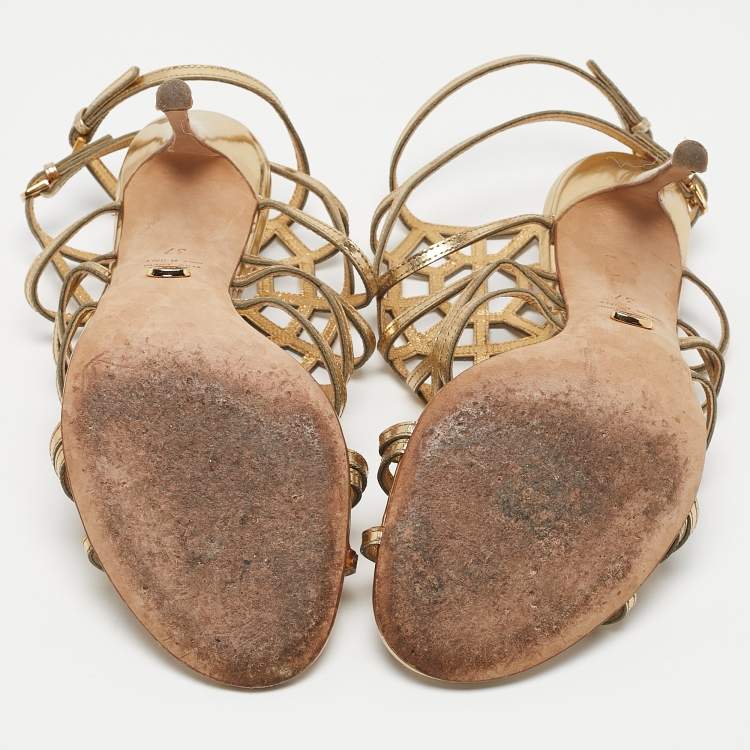 Pre Owned Sergio Rossi Gold Leather Cage Sandals Size 37
