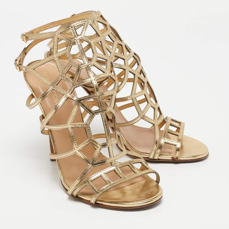 Pre Owned Sergio Rossi Gold Leather Cage Sandals Size 37