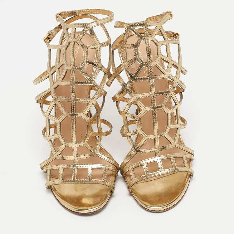 Pre Owned Sergio Rossi Gold Leather Cage Sandals Size 37