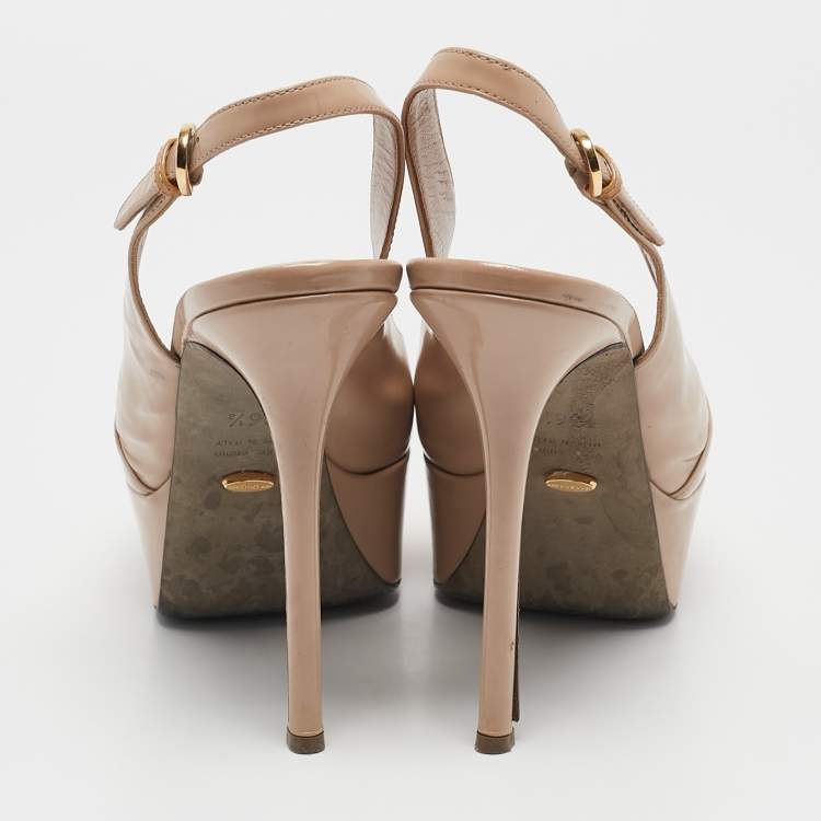Pre Owned Sergio Rossi Beige Patent Leather Peep Toe Platform Slingback Pumps Size 36.5