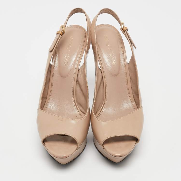 Pre Owned Sergio Rossi Beige Patent Leather Peep Toe Platform Slingback Pumps Size 36.5