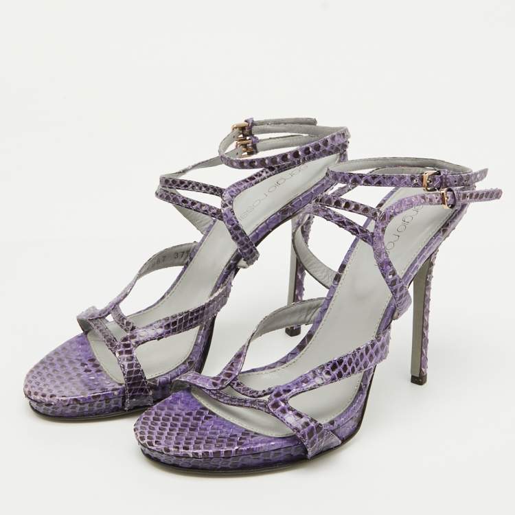Pre Owned Sergio Rossi Purple/Brown Snakeskin Ankle Strap Sandals Size 37.5