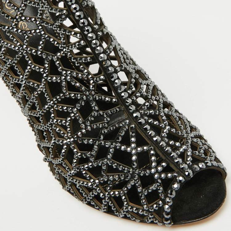 Pre Owned Sergio Rossi Black Suede Crystal Embellished Peep Toe Caged Booties Size 37.5