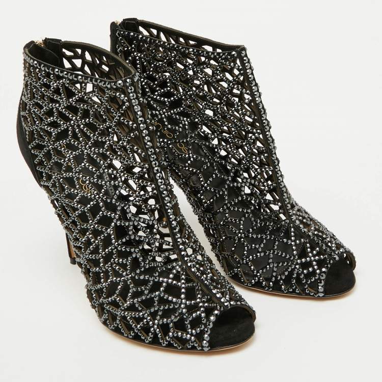 Pre Owned Sergio Rossi Black Suede Crystal Embellished Peep Toe Caged Booties Size 37.5