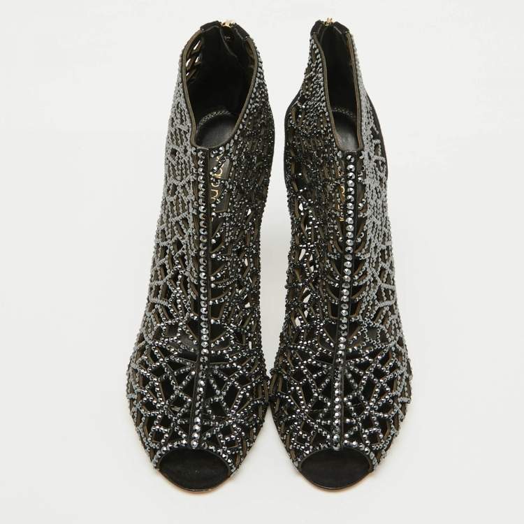 Pre Owned Sergio Rossi Black Suede Crystal Embellished Peep Toe Caged Booties Size 37.5