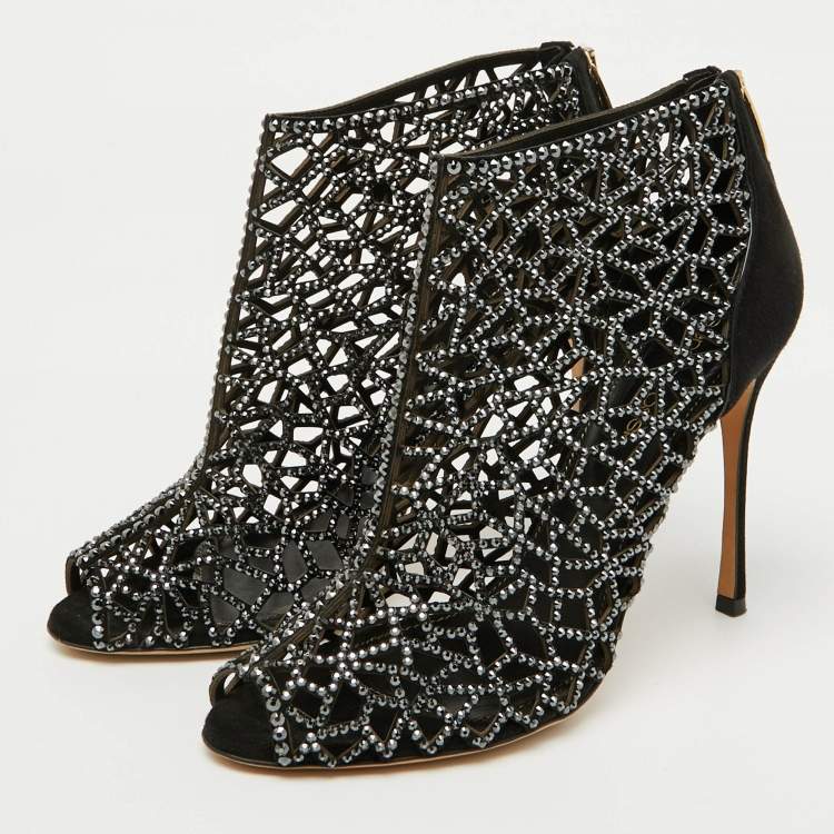 Pre Owned Sergio Rossi Black Suede Crystal Embellished Peep Toe Caged Booties Size 37.5