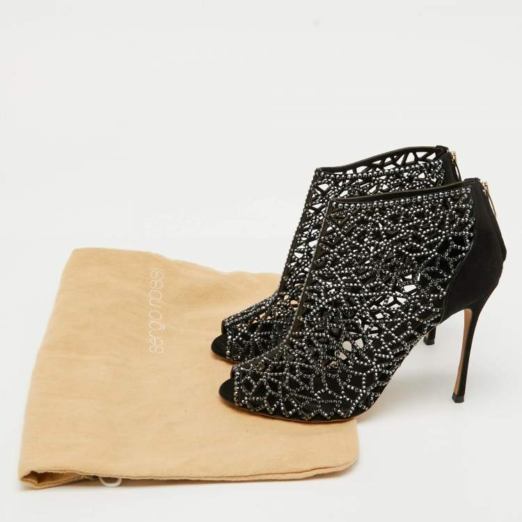 Pre Owned Sergio Rossi Black Suede Crystal Embellished Peep Toe Caged Booties Size 37.5