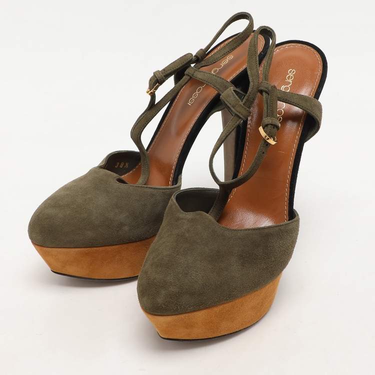 Pre Owned Sergio Rossi Green Suede T-Strap Platform Sandals Size 38.5
