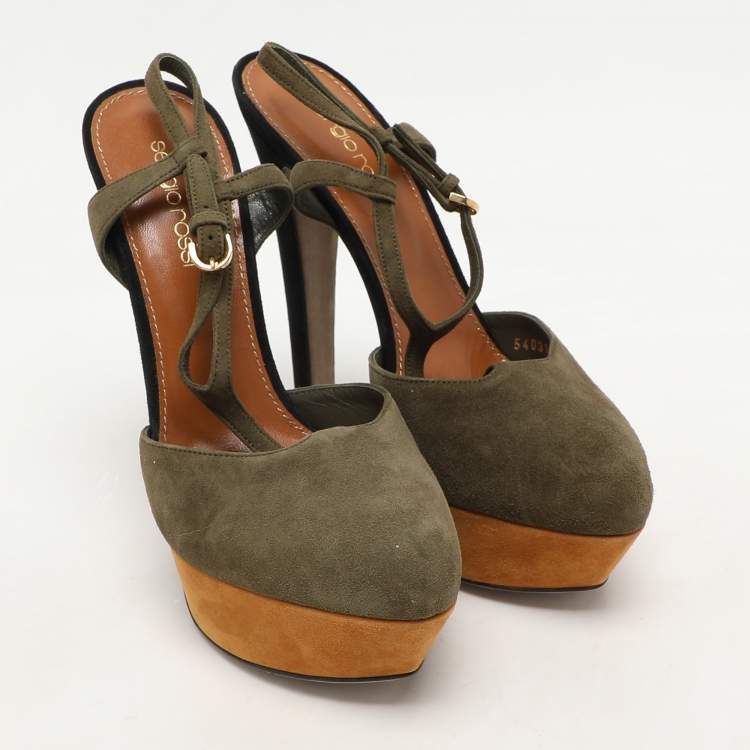 Pre Owned Sergio Rossi Green Suede T-Strap Platform Sandals Size 38.5
