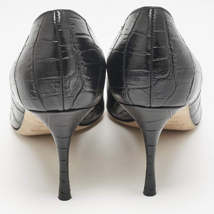 مملوكة مسبقًا Sergio Rossi Black Croc Embossed Leather Pointed-Toe Pumps Size 39