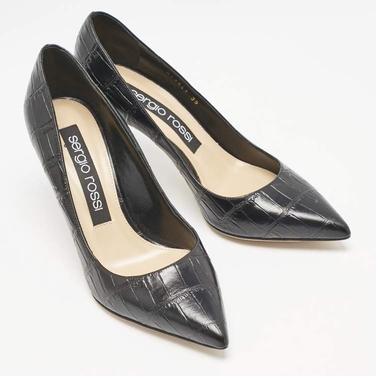 مملوكة مسبقًا Sergio Rossi Black Croc Embossed Leather Pointed-Toe Pumps Size 39