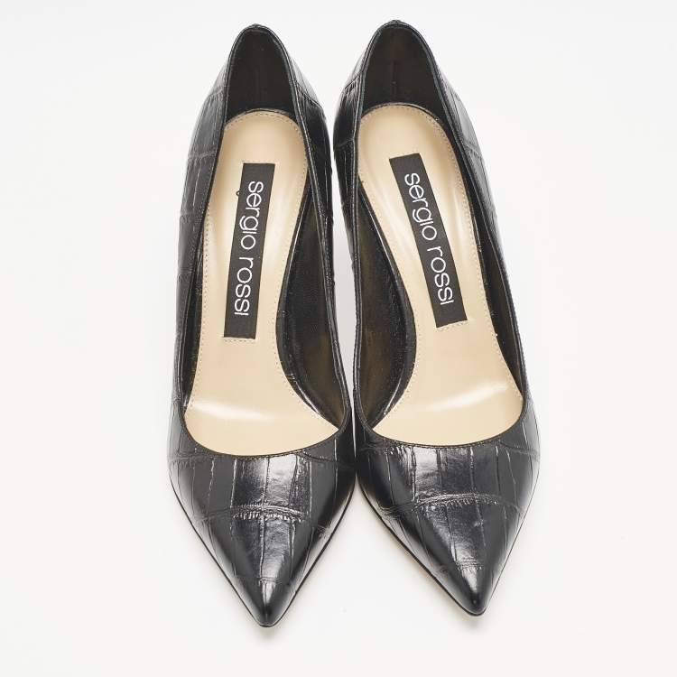 مملوكة مسبقًا Sergio Rossi Black Croc Embossed Leather Pointed-Toe Pumps Size 39