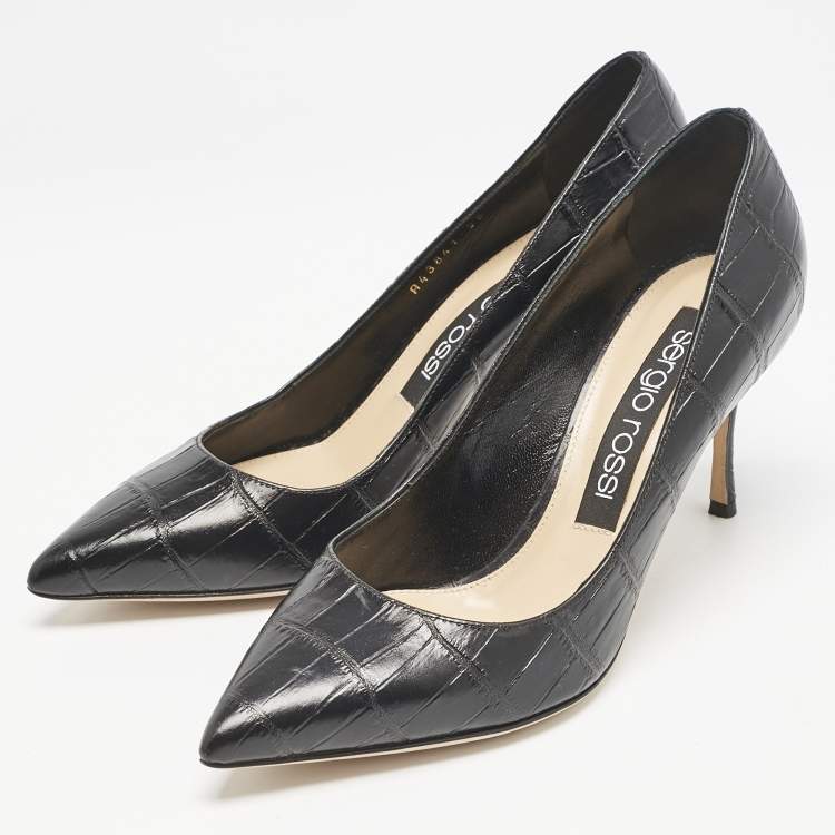 مملوكة مسبقًا Sergio Rossi Black Croc Embossed Leather Pointed-Toe Pumps Size 39