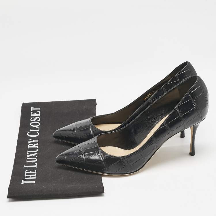 مملوكة مسبقًا Sergio Rossi Black Croc Embossed Leather Pointed-Toe Pumps Size 39
