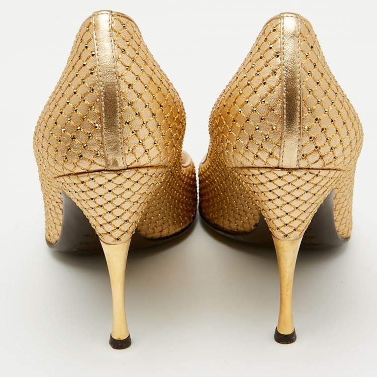 Pre Owned Sergio Rossi Gold Leather Crystal Embellished Pumps Size 40