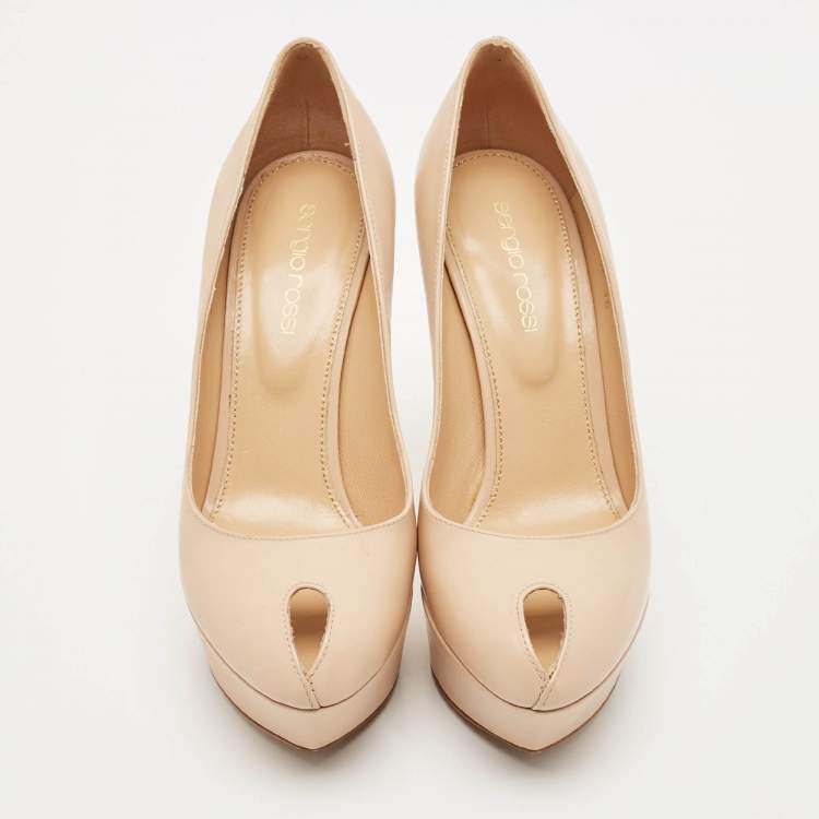 Pre Owned Sergio Rossi Beige Patent Leather Peep Toe Platform Pumps Size 36