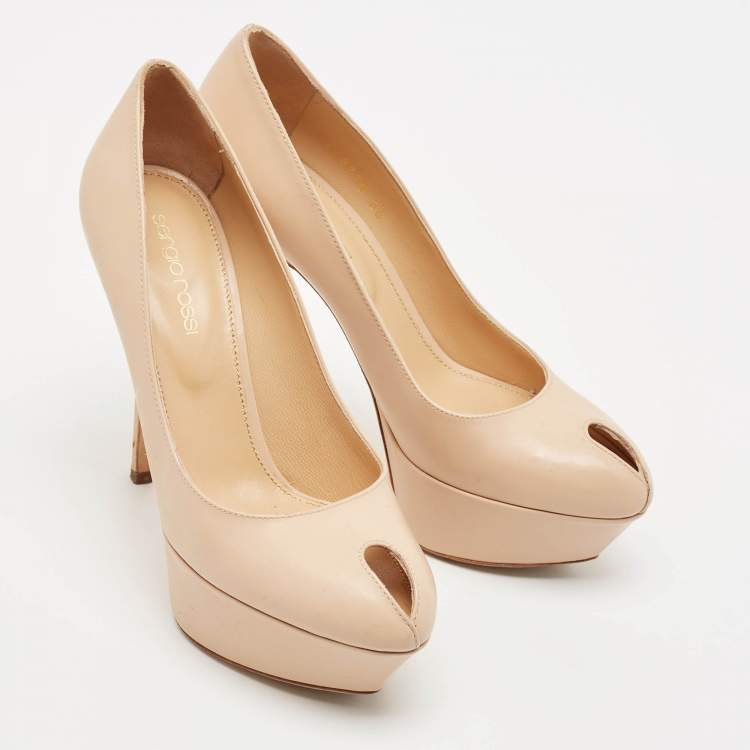 Pre Owned Sergio Rossi Beige Patent Leather Peep Toe Platform Pumps Size 36