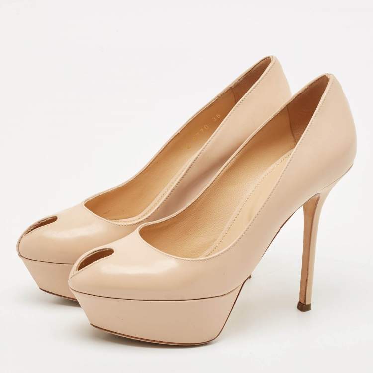 Pre Owned Sergio Rossi Beige Patent Leather Peep Toe Platform Pumps Size 36
