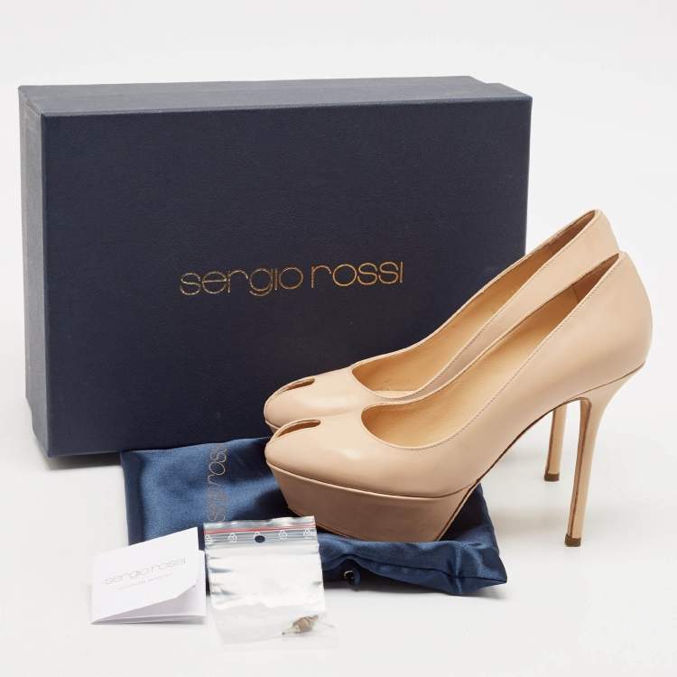 Pre Owned Sergio Rossi Beige Patent Leather Peep Toe Platform Pumps Size 36