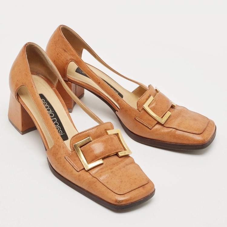 Pre Owned Sergio Rossi Tan Leather Buckle Detailed Square Toe Pumps Size 36