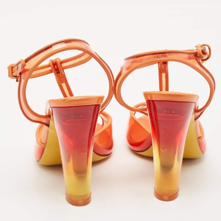 Pre Owned Sergio Rossi Orange Patent Leather and PVC Open Toe T-Strap Sandals Size 37