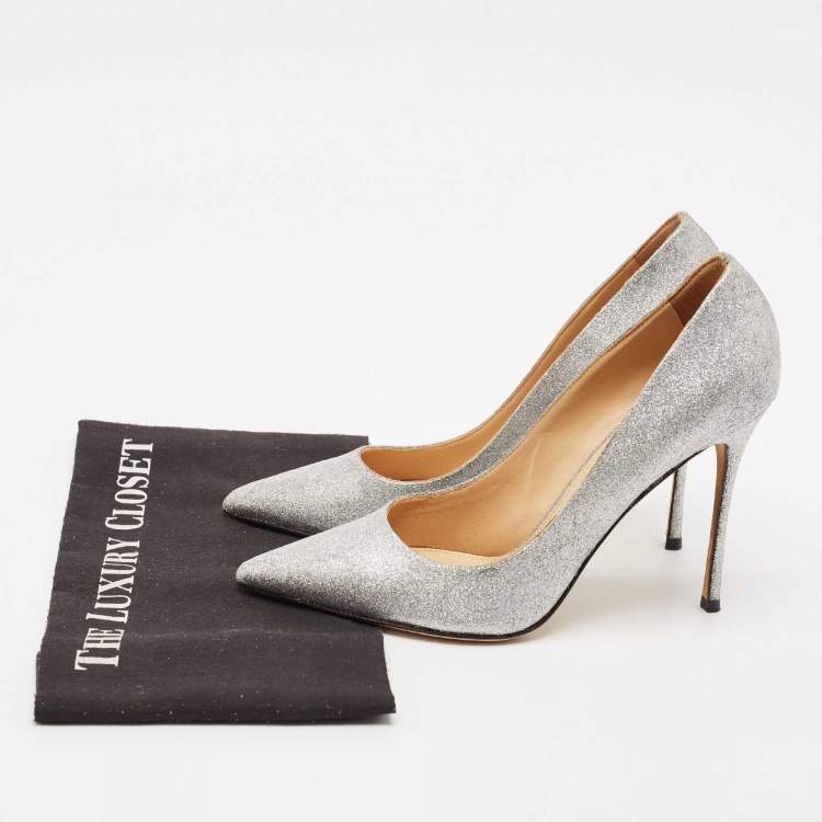 Pre Owned Sergio Rossi Silver Glitter Leather Godiva Pumps Size 39