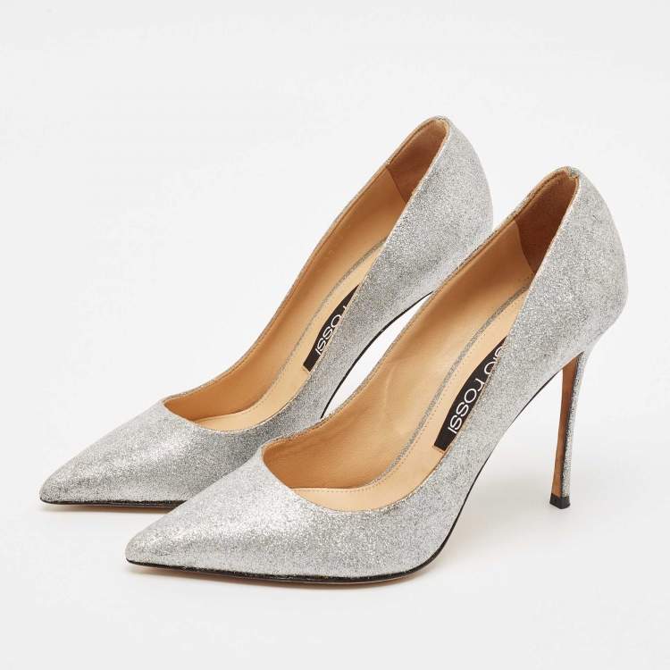 Pre Owned Sergio Rossi Silver Glitter Leather Godiva Pumps Size 39