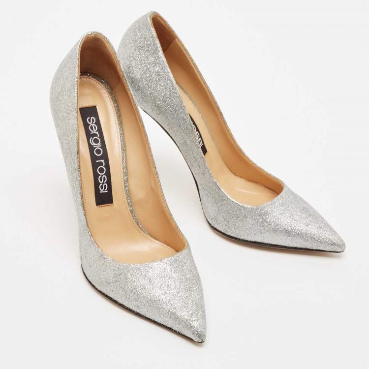 Pre Owned Sergio Rossi Silver Glitter Leather Godiva Pumps Size 39