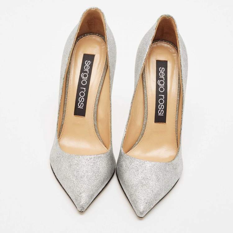 Pre Owned Sergio Rossi Silver Glitter Leather Godiva Pumps Size 39