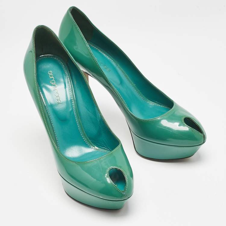 Pre Owned Sergio Rossi Green Patent Leather Peep Toe Platform Pumps Size 38