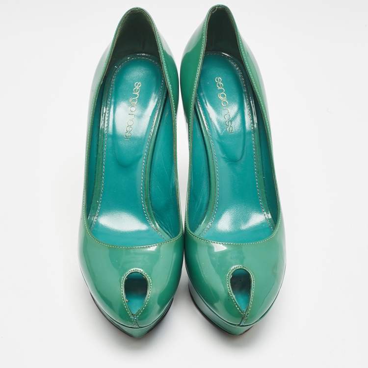 Pre Owned Sergio Rossi Green Patent Leather Peep Toe Platform Pumps Size 38