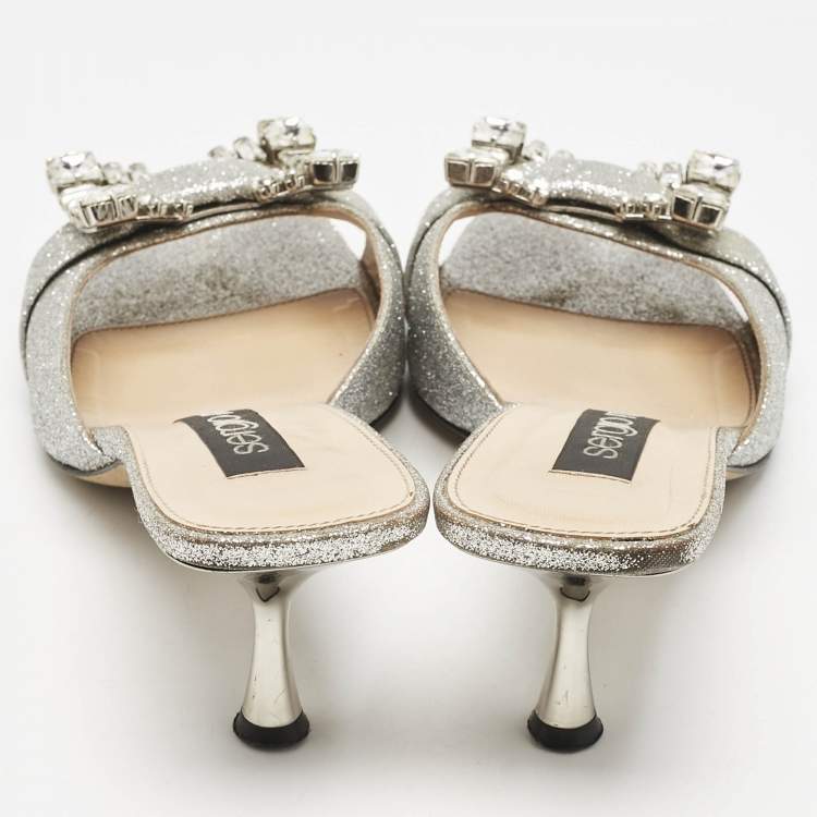 مملوكة مسبقًا Sergio Rossi Silver Glitter Crystal Embellished Mules Size 38