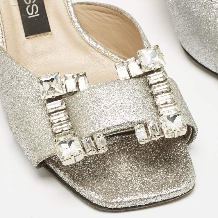 مملوكة مسبقًا Sergio Rossi Silver Glitter Crystal Embellished Mules Size 38