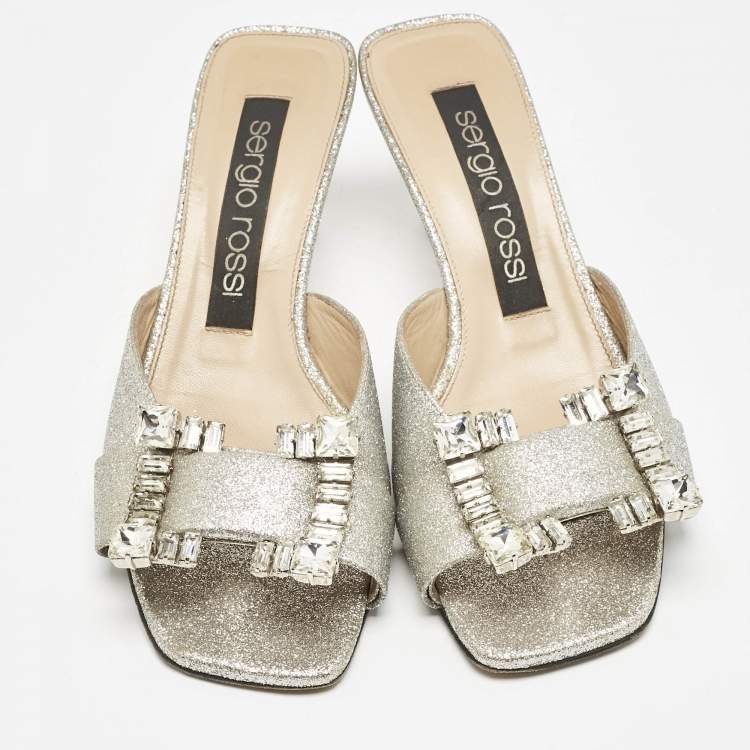 مملوكة مسبقًا Sergio Rossi Silver Glitter Crystal Embellished Mules Size 38