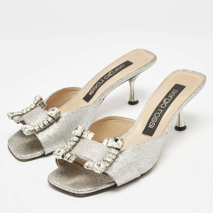 مملوكة مسبقًا Sergio Rossi Silver Glitter Crystal Embellished Mules Size 38