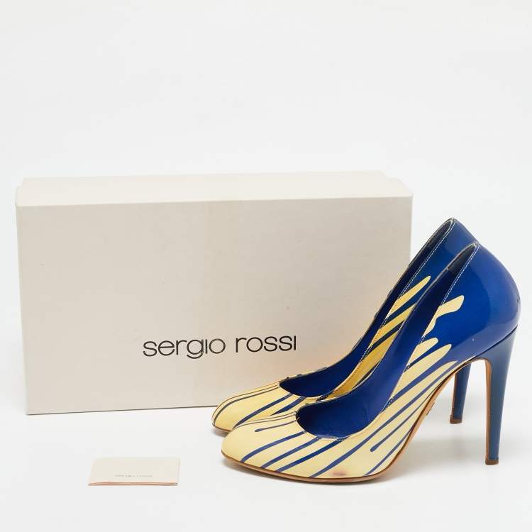 Pre Owned Sergio Rossi Cream/Blue Patent Leather Round Toe Pumps Size 38