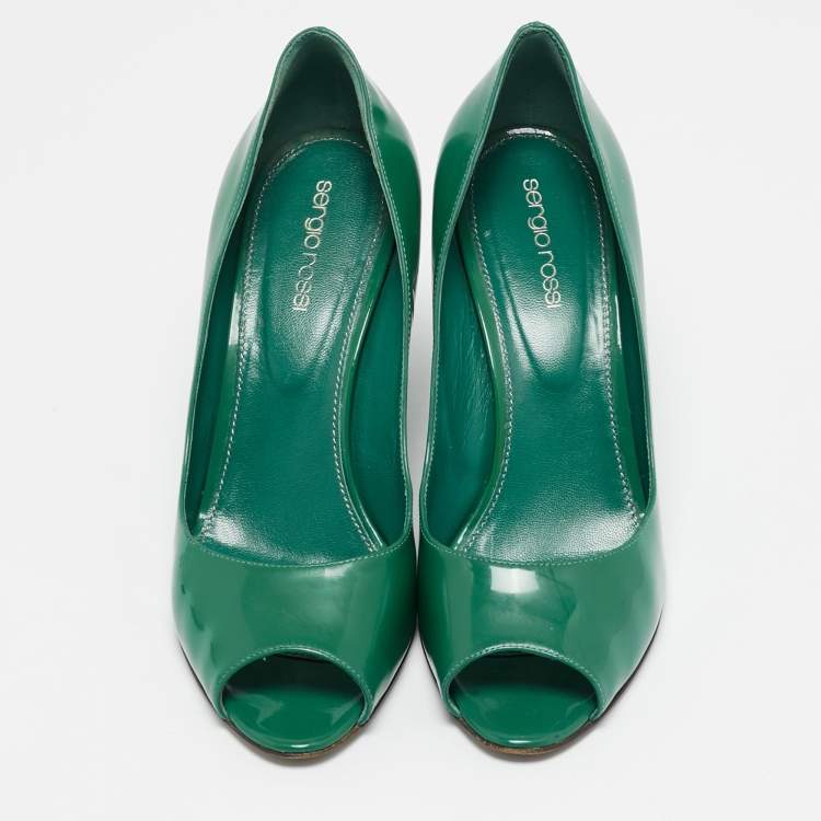 Pre Owned Sergio Rossi Green Patent Leather Wedge Pumps Size 38