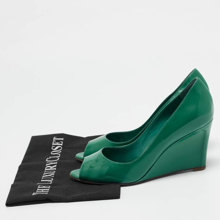 Pre Owned Sergio Rossi Green Patent Leather Wedge Pumps Size 38