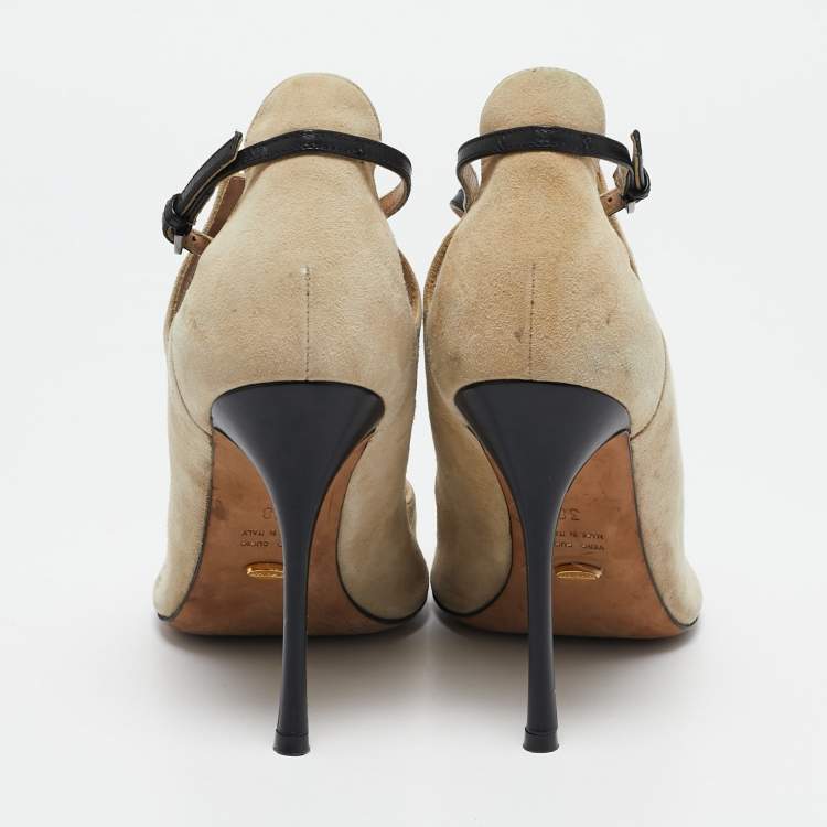 Pre Owned Sergio Rossi Beige/Black Leather and  Suede T-strap Pumps Sandals Size 38