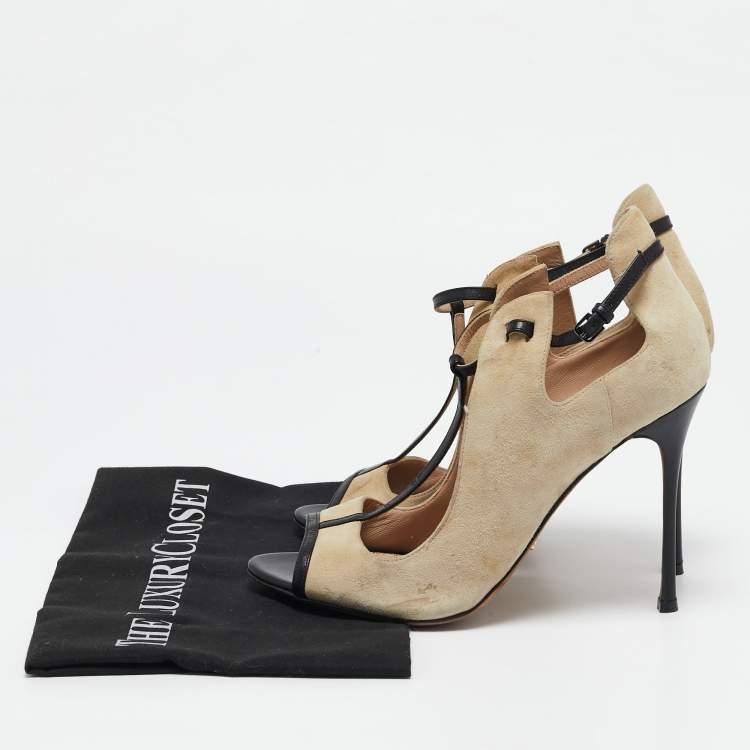 Pre Owned Sergio Rossi Beige/Black Leather and  Suede T-strap Pumps Sandals Size 38