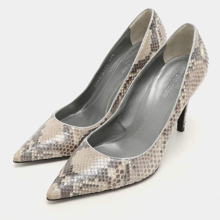 Pre Owned Sergio Rossi Grey Shimmer Python Leather Pointed Toe Pumps Size 37.5