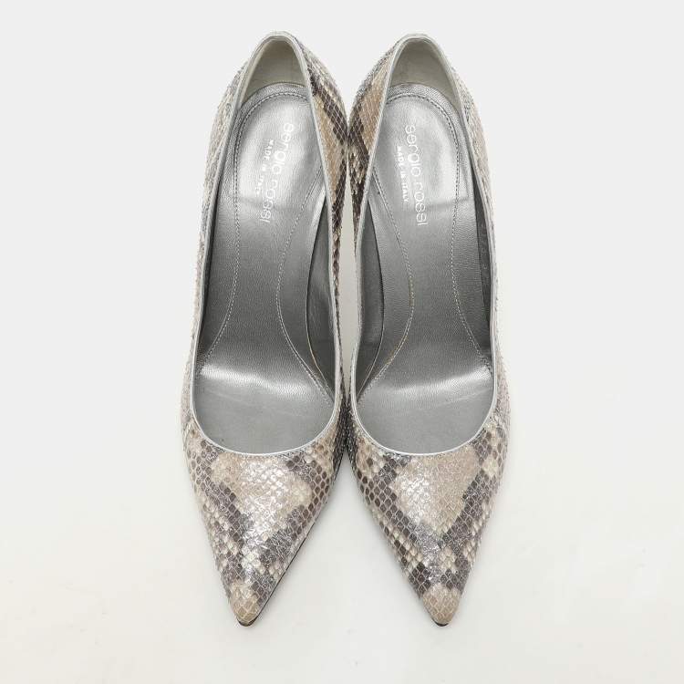 Pre Owned Sergio Rossi Grey Shimmer Python Leather Pointed Toe Pumps Size 37.5